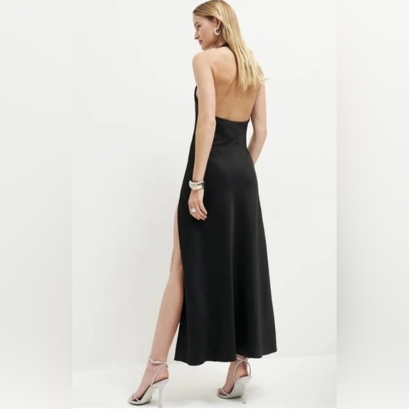 NWT Reformation Meral Black Satin Slip Dress Halter High Slit Womens Size Large - Picture 3 of 10